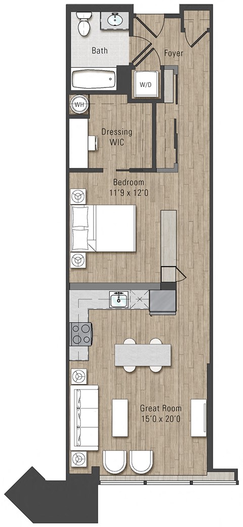 Floor plan for 1 bed, 1 bath, 800 sqft